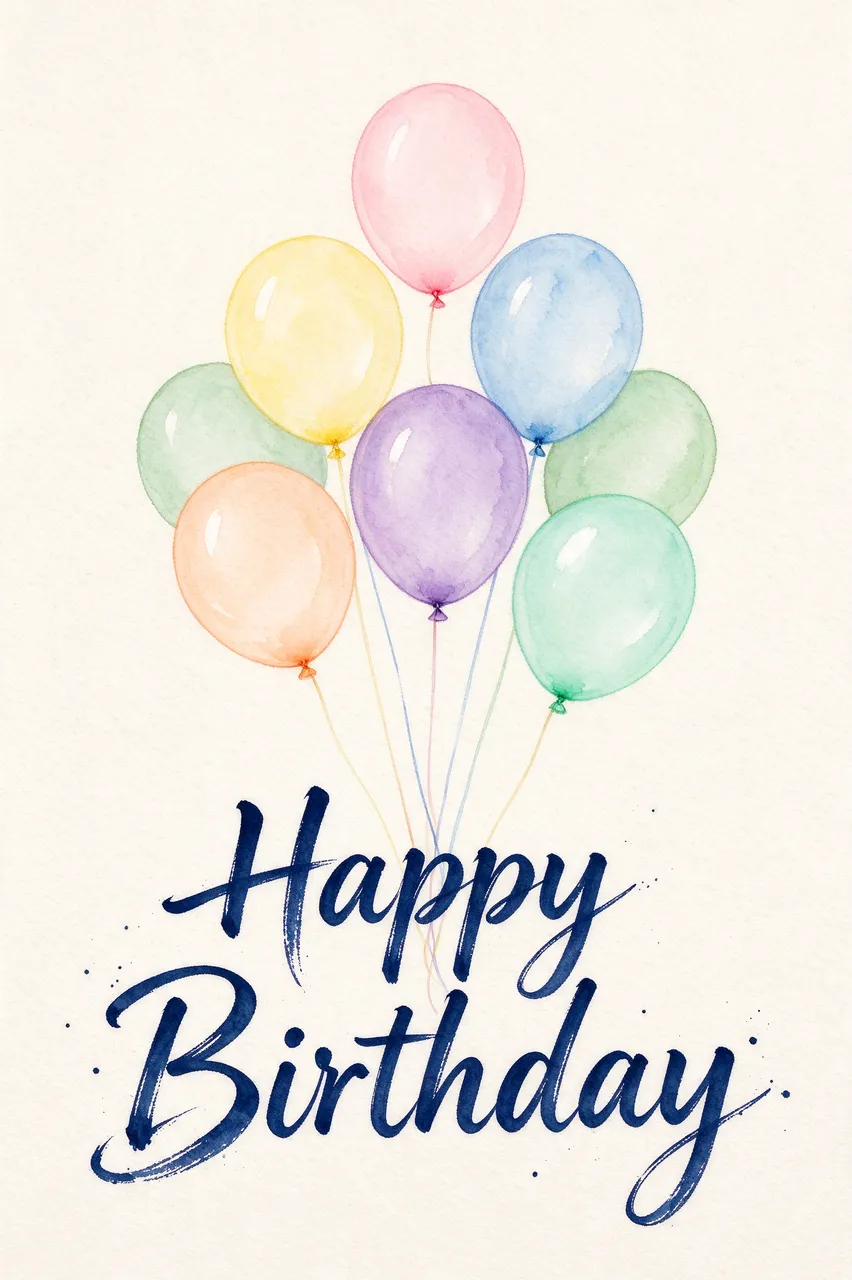 Watercolor pastel balloon illustration with navy 'Happy Birthday' script lettering on cream paper