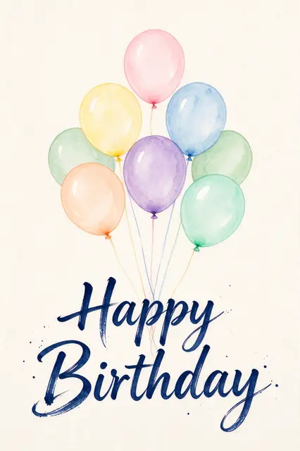 Watercolor pastel balloon illustration with navy 'Happy Birthday' script lettering on cream paper