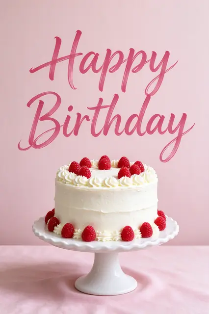 A white frosted layer cake with raspberries on a stand beneath dark pink "Happy Birthday" script on a pale pink background