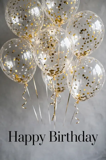 "Happy Birthday" text sits below clear gold confetti balloons on a soft grey background
