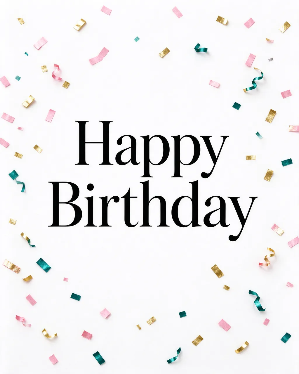 "Happy Birthday" in centered black serif type surrounded by pink, gold and teal confetti on a white background