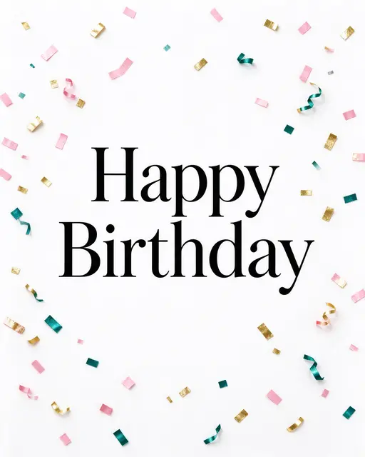 "Happy Birthday" in centered black serif type surrounded by pink, gold and teal confetti on a white background