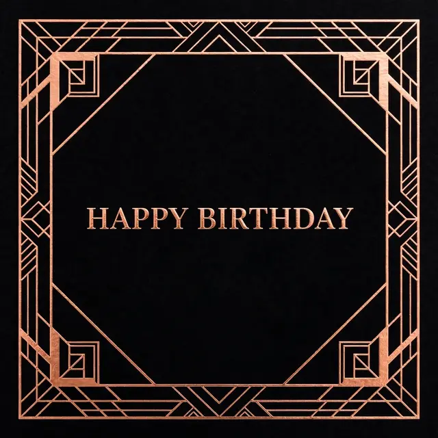 "Happy Birthday" in copper serif lettering centered inside a geometric copper foil art deco border on a solid black