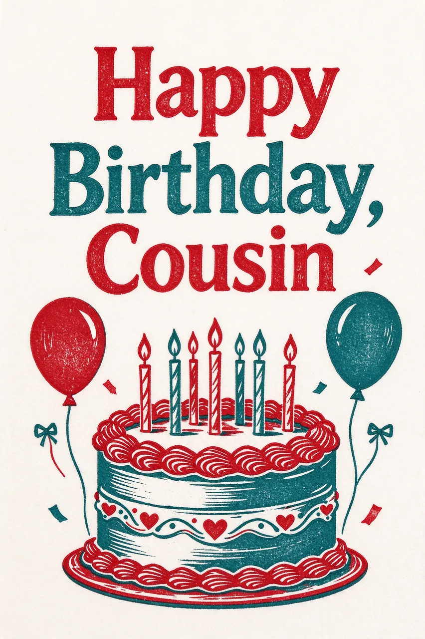 "Happy Birthday, Cousin" linocut illustration featuring a birthday cake, balloons, and confetti in red and teal
