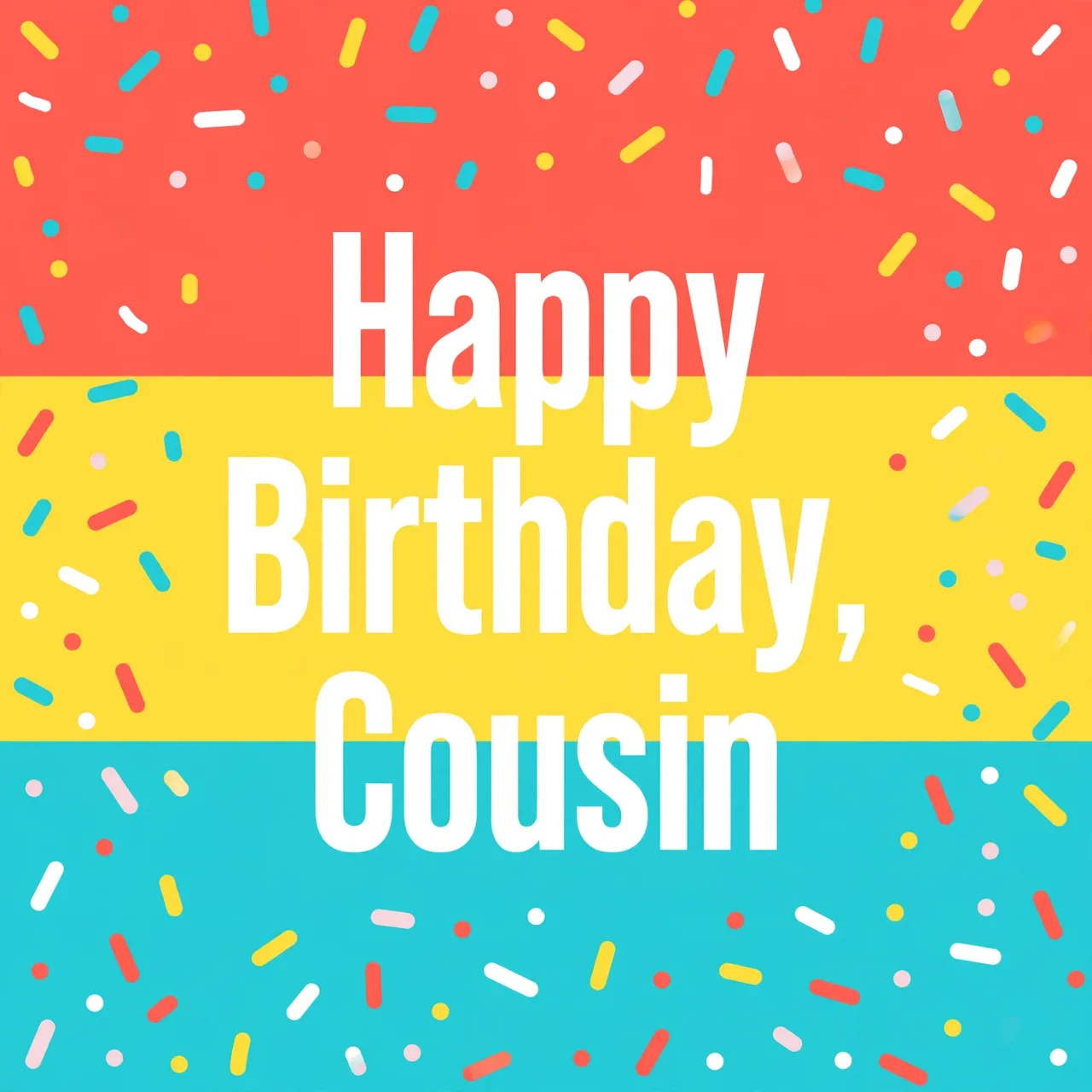 "Happy Birthday, Cousin" in bold white stacked text over coral, yellow, and turquoise color blocks with scattered sprinkles