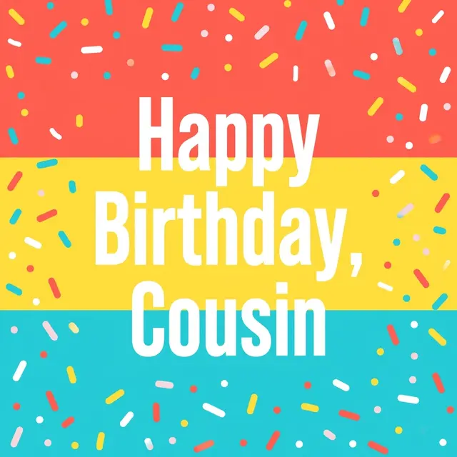 "Happy Birthday, Cousin" in bold white stacked text over coral, yellow, and turquoise color blocks with scattered sprinkles