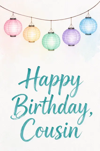 "Happy Birthday, Cousin" in teal brush lettering beneath a string of pastel watercolor paper lanterns