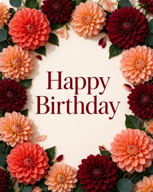 "Happy Birthday" in dark burgundy serif type, surrounded by coral, peach and burgundy dahlia flowers on a cream background