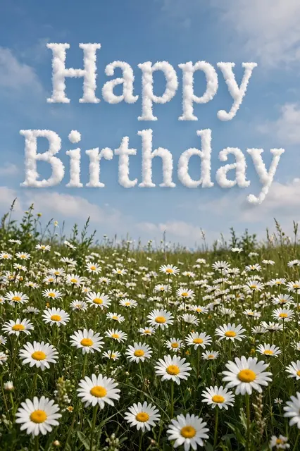 "Happy Birthday" written as fluffy cloud-style text in a soft blue sky above a field of white daisies.