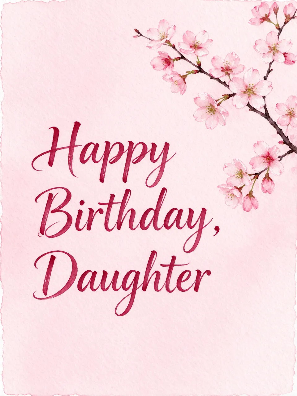 "Happy Birthday, Daughter" written in dark rose brush lettering with a watercolor cherry blossom branch on pale pink paper.