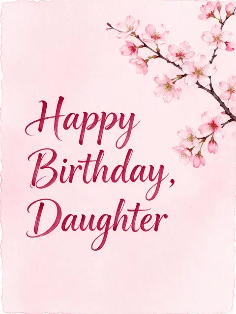 "Happy Birthday, Daughter" written in dark rose brush lettering with a watercolor cherry blossom branch on pale pink paper.
