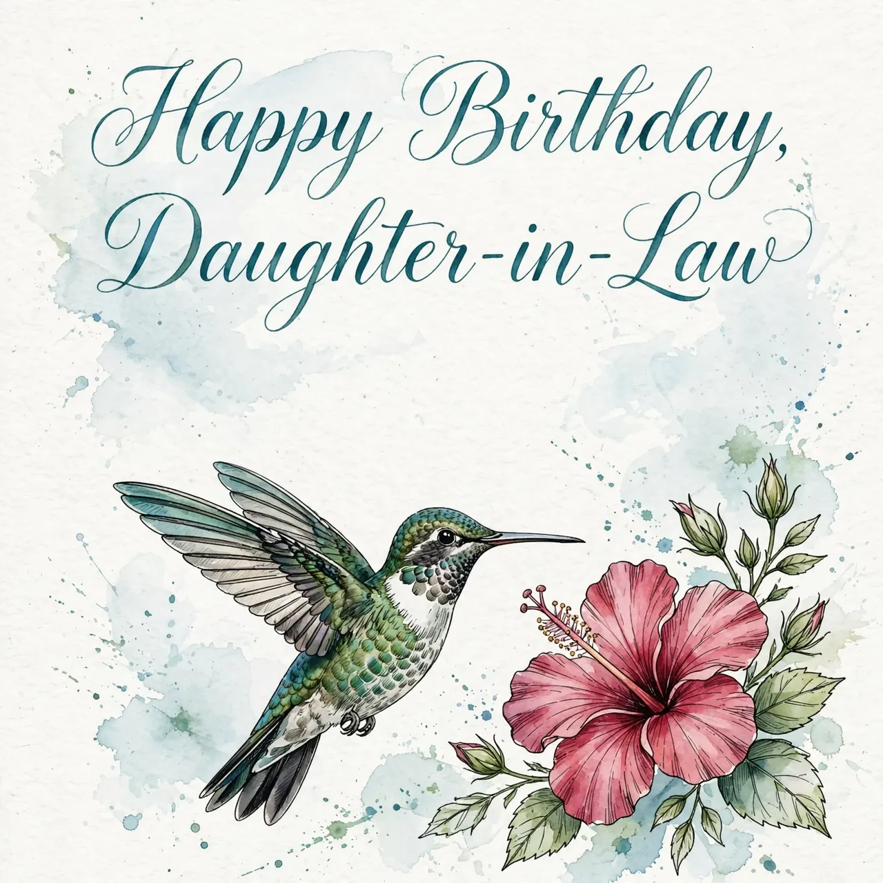 "Happy Birthday, Daughter-in-Law" in teal script lettering above a watercolor hummingbird and pink hibiscus flower on a