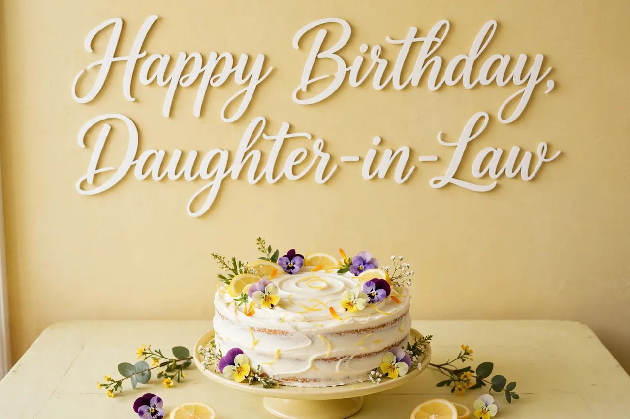 "Happy Birthday, Daughter-in-Law" script lettering sits above a frosted lemon cake decorated with edible flowers on a pale