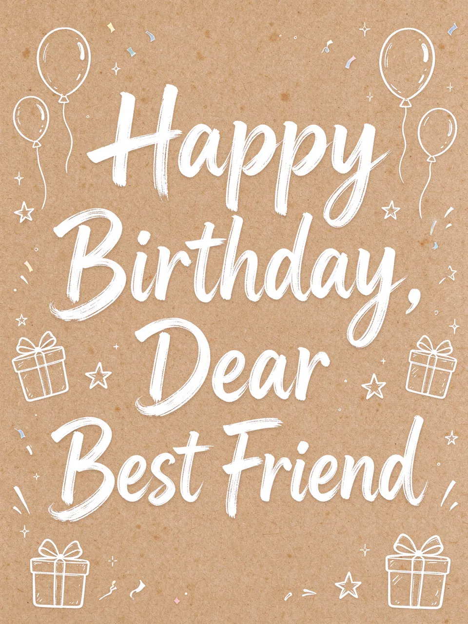 "Happy Birthday, Dear Best Friend" in white brush lettering framed by hand-drawn balloons, stars and gifts on a kraft paper
