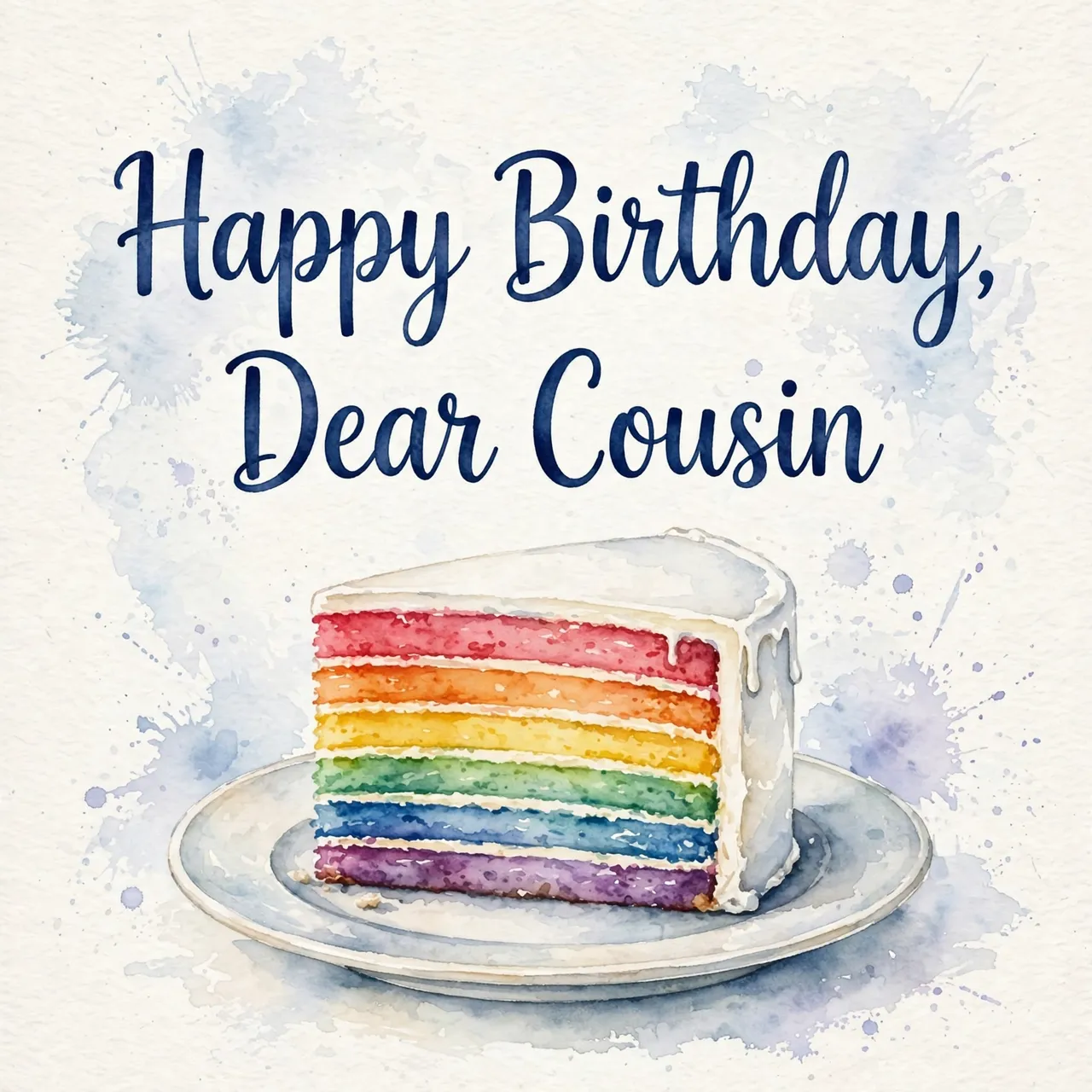 "Happy Birthday, Dear Cousin" in navy hand lettering above a watercolor rainbow layer cake slice on a plate