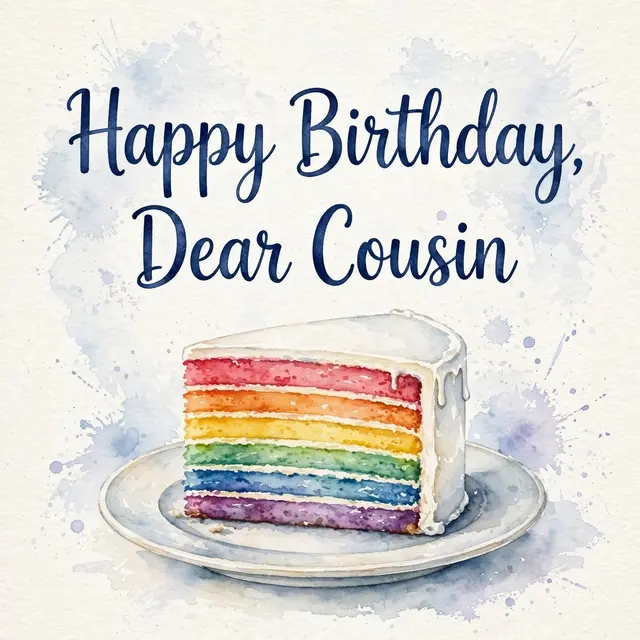 "Happy Birthday, Dear Cousin" in navy hand lettering above a watercolor rainbow layer cake slice on a plate