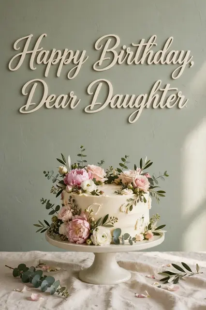 Cream frosted cake decorated with fresh pink and white flowers sits beneath wall lettering that reads "Happy Birthday, Dear