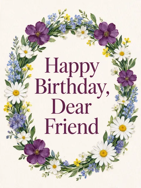 "Happy Birthday, Dear Friend" in plum serif type centered inside a gouache wildflower wreath on cream paper