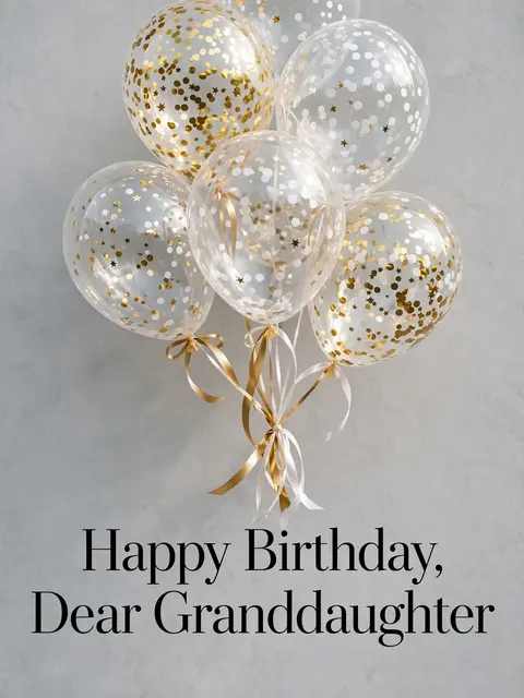 "Happy Birthday, Dear Granddaughter" text below clear confetti balloons on a soft grey background