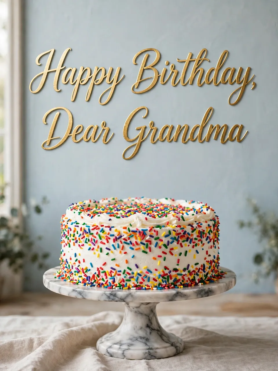 A white frosted sprinkle cake on a marble stand with gold 'Happy Birthday, Dear Grandma' lettering on a pale blue wall