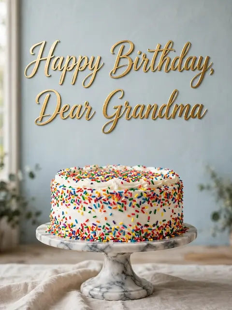 A white frosted sprinkle cake on a marble stand with gold 'Happy Birthday, Dear Grandma' lettering on a pale blue wall