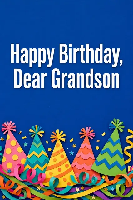 "Happy Birthday, Dear Grandson" in bold white text above layered paper cut party hats on a royal blue background.