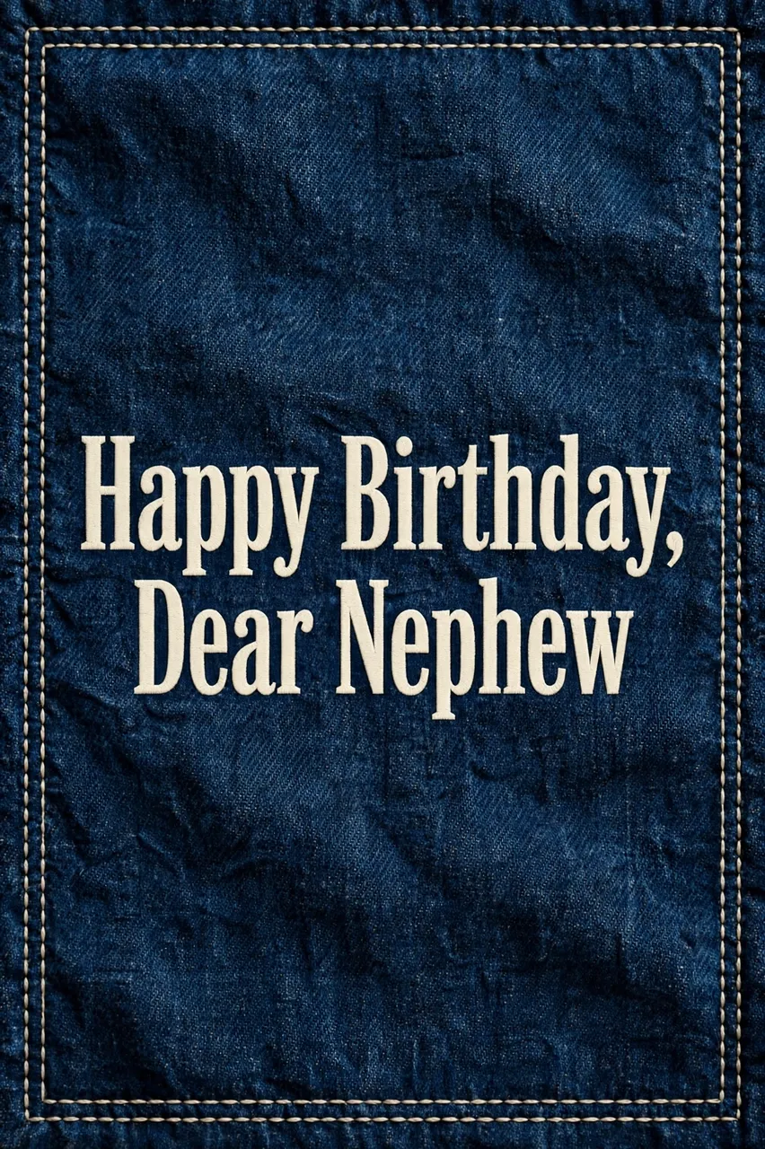 Cream slab serif text reading "Happy Birthday, Dear Nephew" centered on dark stitched denim blue fabric