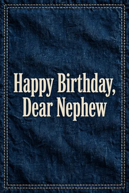 Cream slab serif text reading "Happy Birthday, Dear Nephew" centered on dark stitched denim blue fabric
