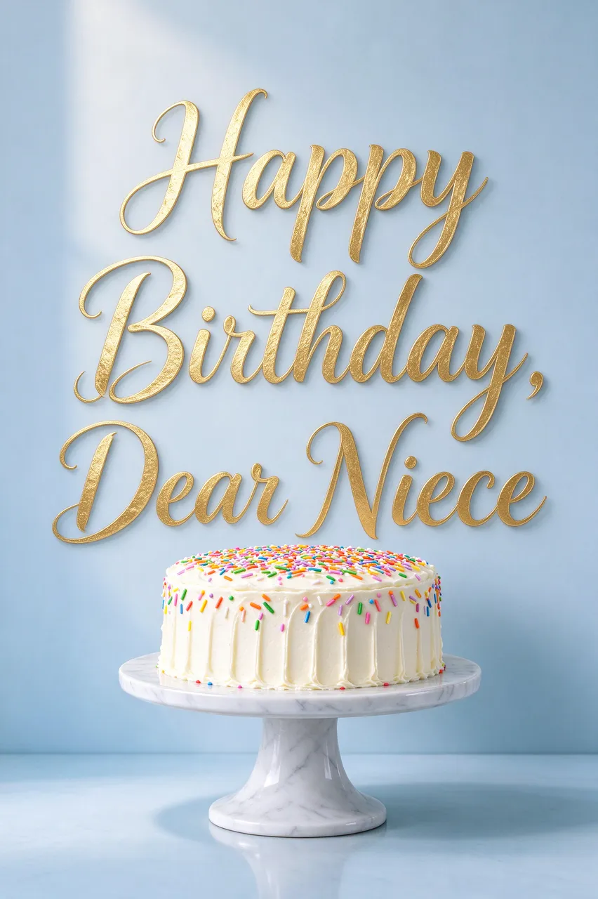 White frosted sprinkle cake on a marble stand with gold 'Happy Birthday, Dear Niece' lettering on a pale blue wall