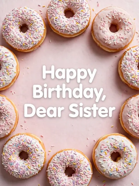 "Happy Birthday, Dear Sister" in white bold text centered surrounded by frosted sprinkled donuts on pale pink background