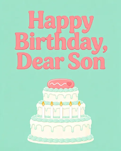 Coral rounded text reading "Happy Birthday, Dear Son" sits above a three-tier birthday cake on a mint green background