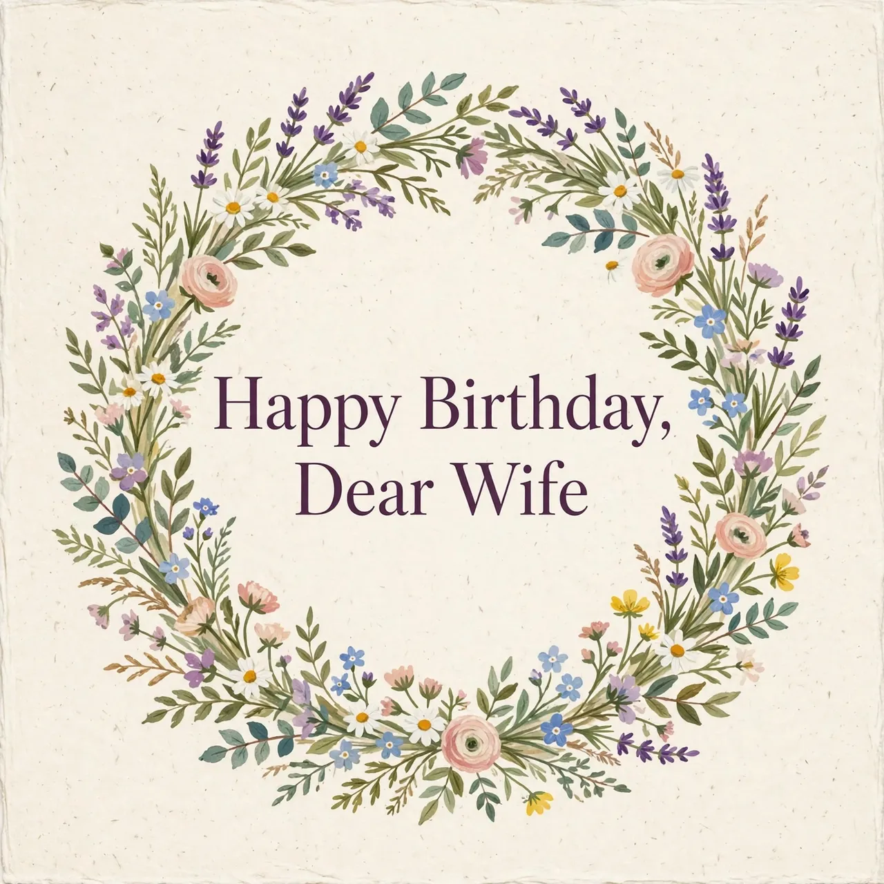 "Happy Birthday, Dear Wife" in plum serif type centered inside a gouache wildflower wreath on cream textured paper