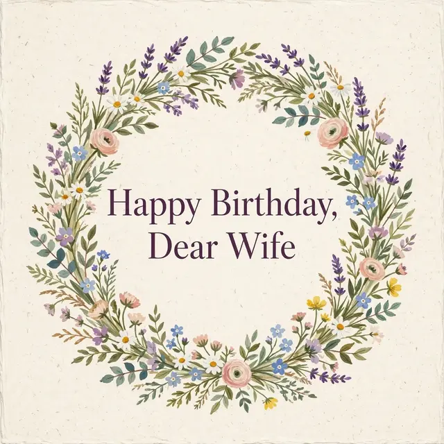 "Happy Birthday, Dear Wife" in plum serif type centered inside a gouache wildflower wreath on cream textured paper