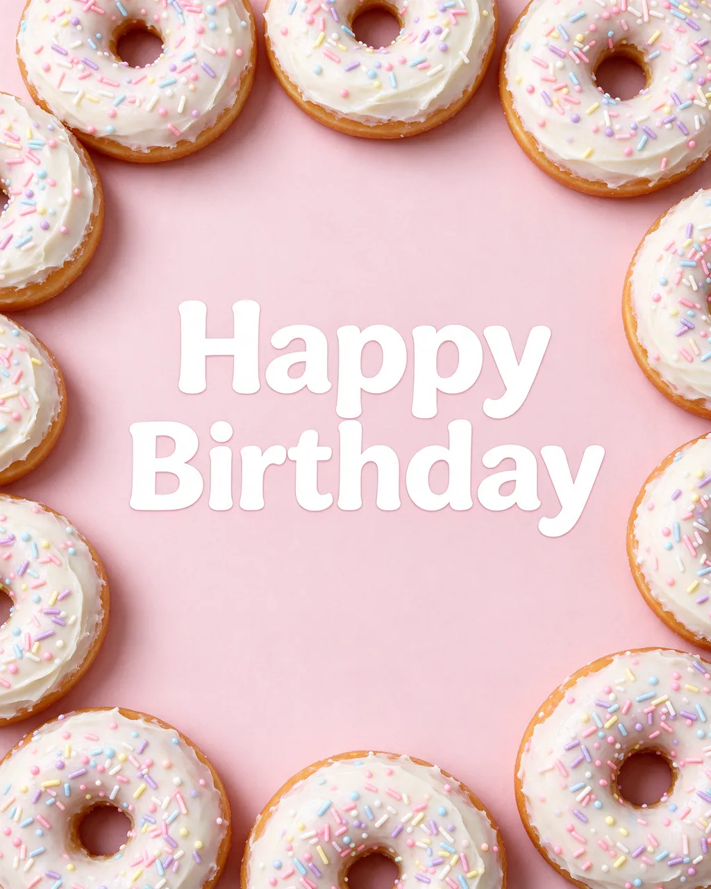 "Happy Birthday" text centered on pale pink, framed by frosted sprinkled donuts
