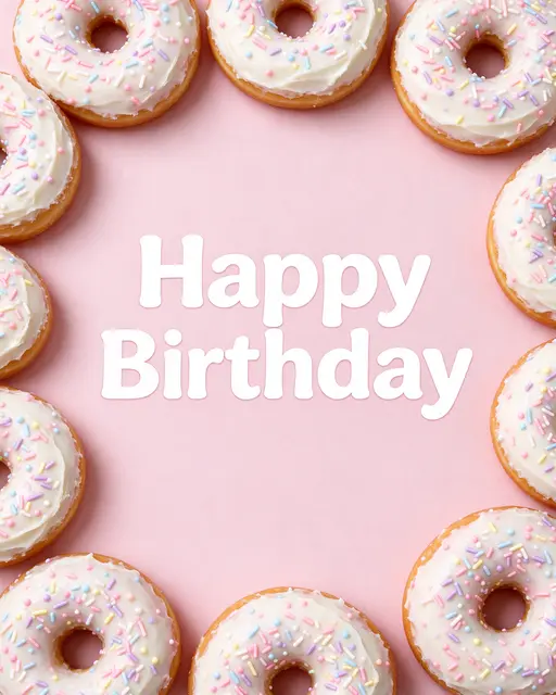 "Happy Birthday" text centered on pale pink, framed by frosted sprinkled donuts