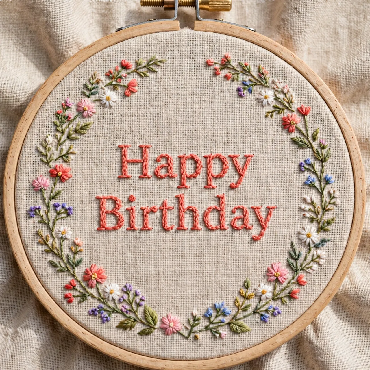 Wooden embroidery hoop on linen shows coral stitched "Happy Birthday" surrounded by small wildflower embroidery.
