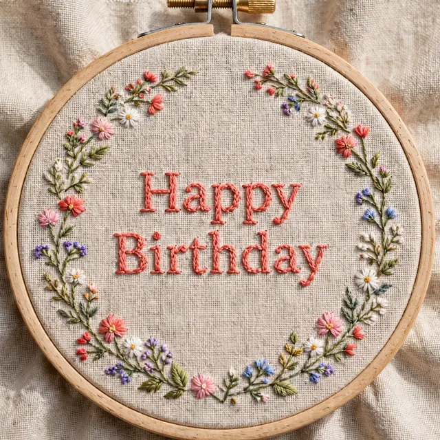 Wooden embroidery hoop on linen shows coral stitched "Happy Birthday" surrounded by small wildflower embroidery.