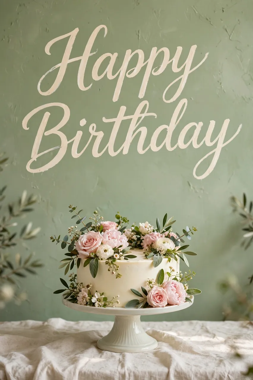 "Happy Birthday" cream script lettering sits above a white frosted flower-decorated cake on a stand against a soft sage wall