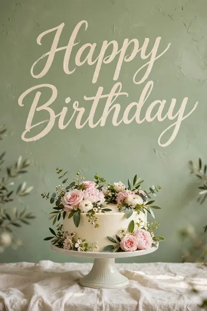 "Happy Birthday" cream script lettering sits above a white frosted flower-decorated cake on a stand against a soft sage wall