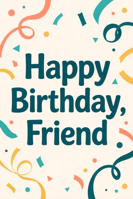 Flat vector illustration with confetti and streamers surrounding bold dark teal text that reads "Happy Birthday, Friend" on