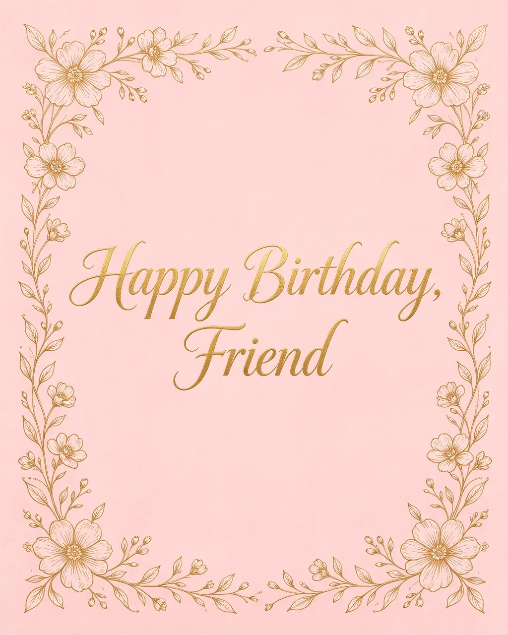 "Happy Birthday, Friend" in gold script centered on a blush pink background framed by gold line-drawn flowers