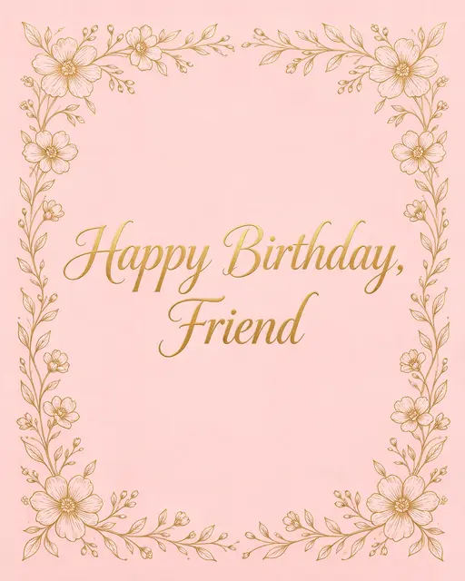 "Happy Birthday, Friend" in gold script centered on a blush pink background framed by gold line-drawn flowers