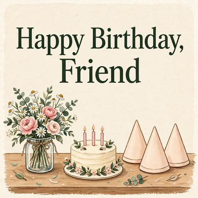 "Happy Birthday, Friend" dark green serif text above a party table with cake, flowers, and plain party hats on a cream
