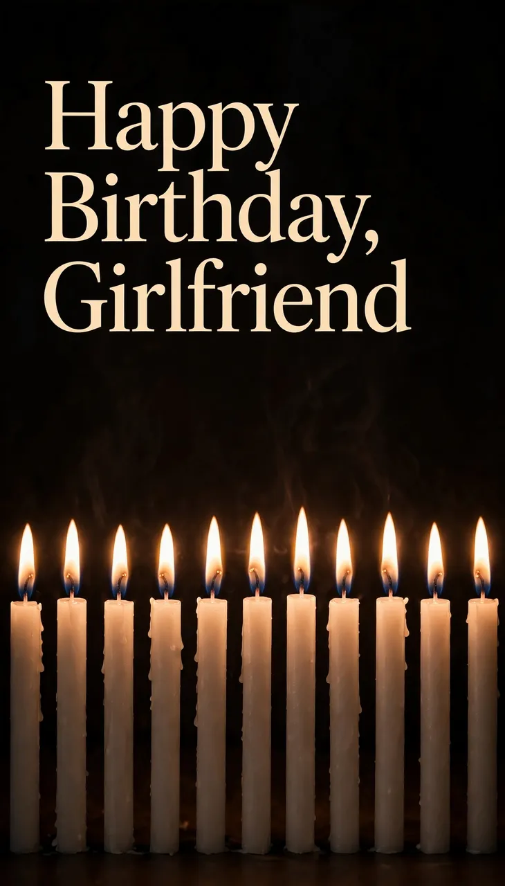 "Happy Birthday, Girlfriend" warm serif text sits above a row of glowing lit candles against a dark background