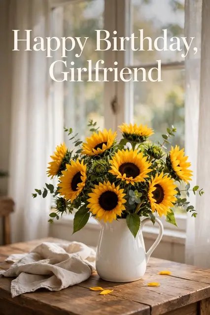 "Happy Birthday, Girlfriend" text above a sunflower bouquet in a white pitcher on a wooden window table