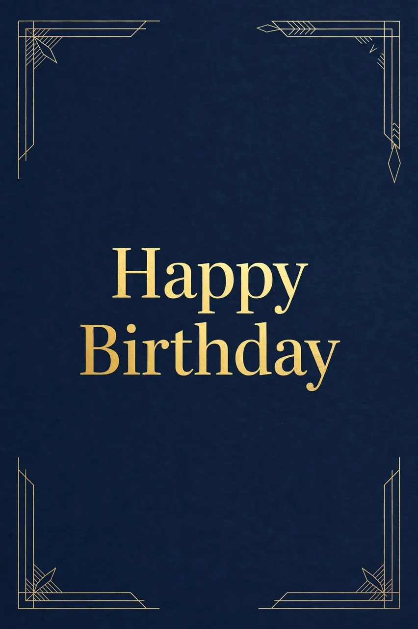 "Happy Birthday" in gold serif lettering centered on a deep navy background with thin gold geometric corner line accents