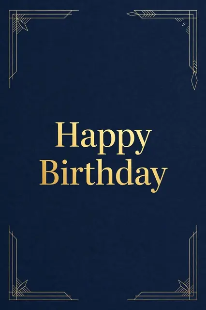 "Happy Birthday" in gold serif lettering centered on a deep navy background with thin gold geometric corner line accents