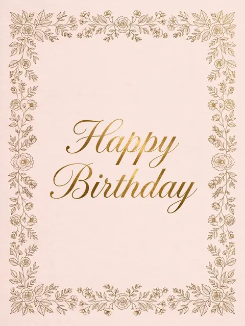 "Happy Birthday" in gold script centered on a blush pink background framed by a delicate gold line art flower border