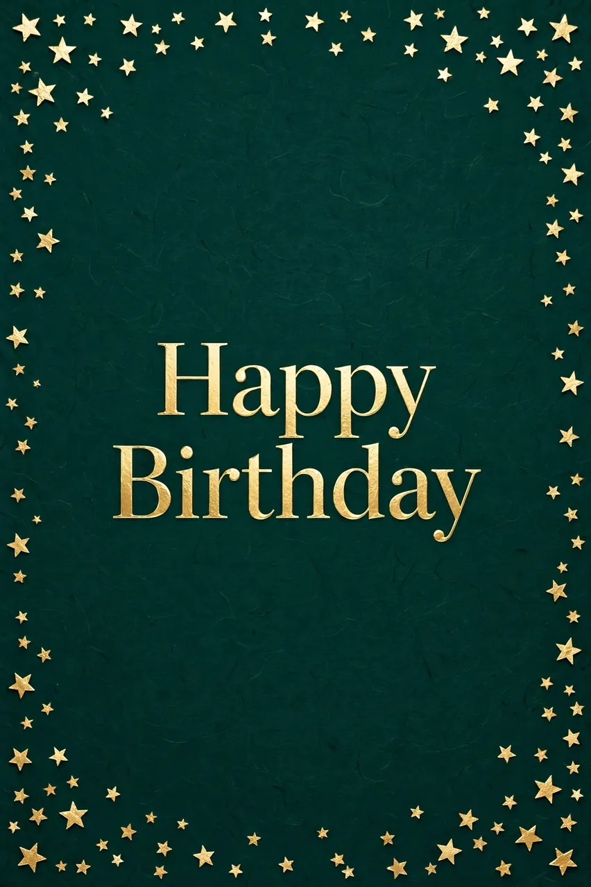 "Happy Birthday" in textured gold foil lettering centered on a deep emerald green background framed by scattered gold stars