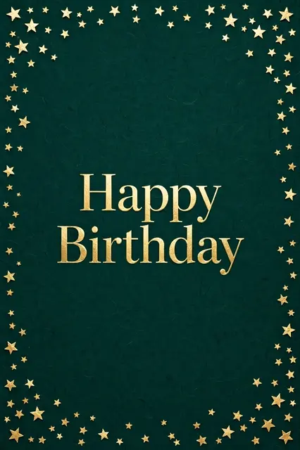"Happy Birthday" in textured gold foil lettering centered on a deep emerald green background framed by scattered gold stars